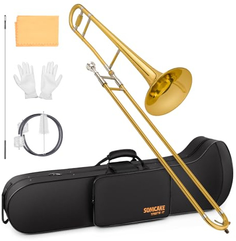 SONICAKE Bb Alt Posaune Messing Goldlack, komplettes Posaunen-Set für Anfänger mit 7C Mundstück, Hartschalenkoffer, Handschuhen & Zubehör QTB-01
