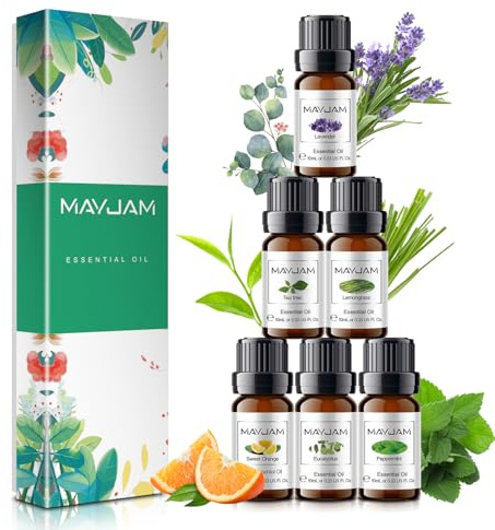 MAYJAM Ätherische Öle Set 6 x 10ml, Rein Naturrein Ätherisches Öl Eukalyptusöl, Lavendel, Süße Orange, Teebaum, Zitronengras, Pfefferminz, Duftöle Set für Diffuser Aromatherapie Geschenkset