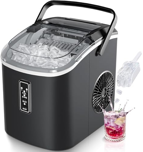 EUHOMY Eiswürfelmaschine Klein, 9 Würfel in 6 Minuten Bereit, 12 Kg/Day, Selbstreinigend, Tragbare Eismaschine Mit Tragegriff, Korb Und Schaufel, 2 Größen Von Eiswürfeln Für Zuhause, Küche, Schwarz