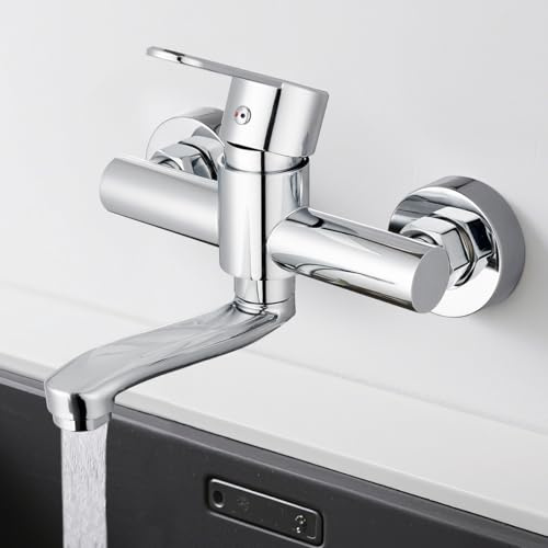 Wasserhahn Wandmontage,360° Drehbare Edelstahl Wasserhahn Küche Wandarmatur | Kalt und Heiß Einhebelmischer Küchenarmatur Wandmontage, Mischbatterie Küche für Wandmontage, Schwenkarm 15cm, Chrom