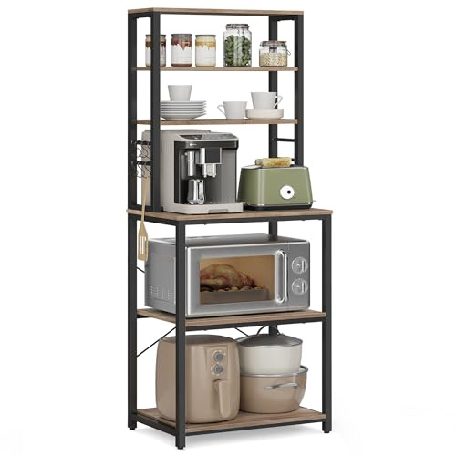 VASAGLE Küchenregal, 6 Ebenen, Verstellbar, mit 6 Haken | Kaffee Regal, 60 x 40 x 167 cm, Stahlrahmen, Kippschutz, Greige meliert und Tintenschwarz, BARNET Kollektion KKS024B02