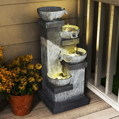 Outsunny Springbrunnen Outdoor aus Kunstharz vierstöckig Gartenbrunnen mit LED Beleuchtung Pumpe Steinoptik Dekorationsbecken Zimmerbrunnen Wasserspiel für Garten Terrasse 38 x 36 x 85 cm Grau