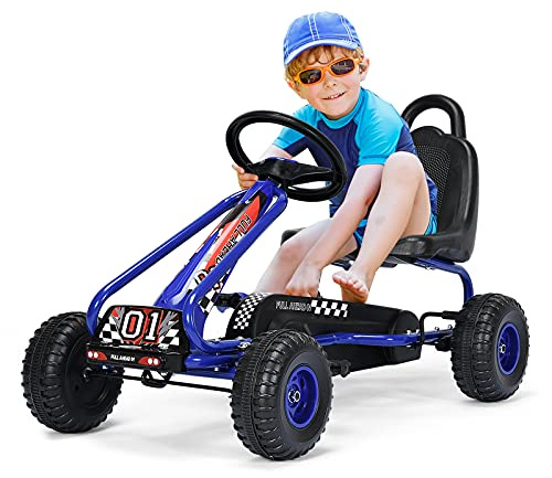 DREAMADE Gokart mit Handbremse & verstellbarem Sitz, Tretauto Tretfahrzeug mit geschlossenem Kettenkasten & Vor- und Rückwärtsgang, Pedal Go Cart für Kinder 3-6 Jahren, bis 30 kg belastbar (Blau)