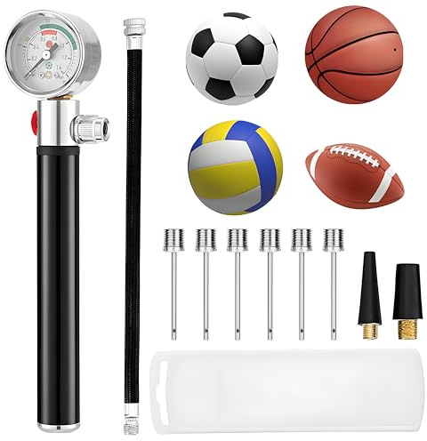 DAJASD Ballpumpe mit Manometer, Tragbare Luftpumpe mit 10 Ball Nadeln, 2 Düse & 1 Schlauch, Mini Handpumpe mit Aufblas & Abpumpfunktion für jeden Sportball Gymnastik Ball Fußball Basketbal Volleyball