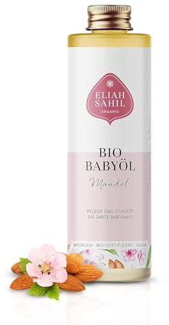 ELIAH SAHIL Bio Babyöl 100ml - Naturkosmetik mit 100% Mandelöl | Bio-zertifiziert | Natürliche und sanfte Pflege für sensible Haut | Kaltgepresst & Parfümfrei | Ideal als Massageöl