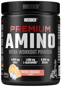 Weider - Premium Amino - Intra-Workout Drink mit EAAs, Kohlenhydraten und Elektrolyten - Aminosäuren Komplex mit L-Glutamin - Für mehr Energie beim Training - 800g - Fresh Orange