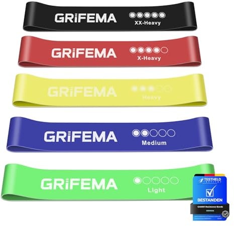 GRIFEMA Fitnessbänder [5er Set], Hochwertiges Fitnessband, Resistance Bands mit Übungsanleitung & Tragebeutel, Gymnastikband für Muskelaufbau Pilates Yoga