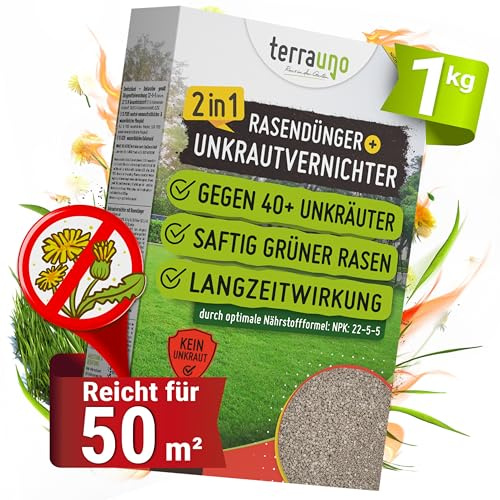 TerraUno Rasendünger mit Unkrautvernichter extra stark, 100 Tage Langzeitwirkung, 1 kg für 50 m², gegen Löwenzahn, Klee uvm., Rasenunkrautvernichter mit Dünger für saftiges Grün im Frühjahr & Sommer