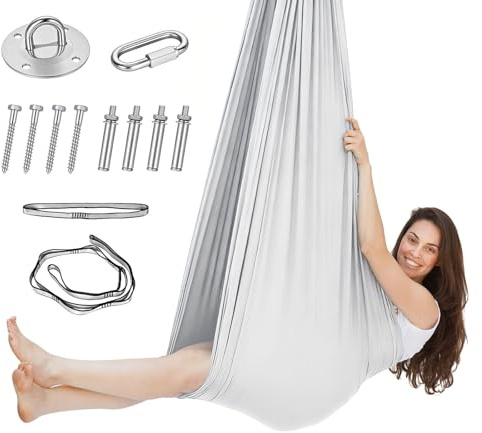 Aerial Yoga Hängematte Set, Nestschaukel, Aerial Yoga Swing Air Fliegen, Indoor Schaukel 200 Kg Max, Yogas-Schaukel Hammock Swing mit Karabiner, Befestigung, Nägel & Zubehör(150x280CM, Grau)