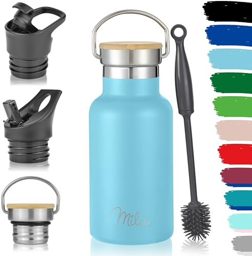 Milu Edelstahl Trinkflasche 350ml 500ml 750ml 1000ml (+3 Deckel) Thermosflasche mit Strohhalm Isolierte Wasserflasche für Kinder, Erwachsene, für unterwegs, auslaufsicher (Himmelblau, 350ml)