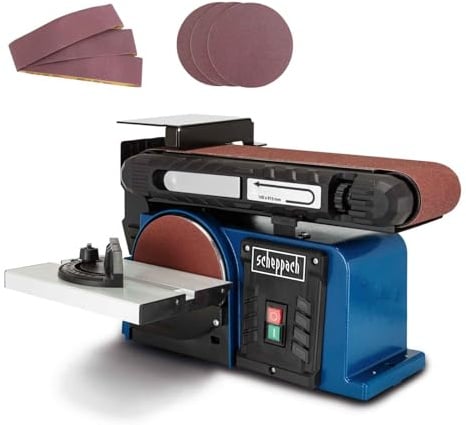 Scheppach Band &Tellerschleifer BTS900 mit 6 tlg. Zubehör | Leistung 370W | Schleifteller-Ø 150mm | Schleifbandlänge/-breite 915x100mm | Tischneigung 0°–45° | Gussmaterial-Konstruktion & Absaugadapter