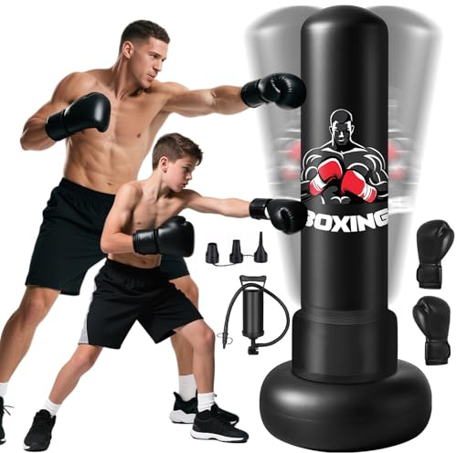 Boxsack Erwachsene, 180 cm Schwerer Boxsack Stehend mit Boxhandschuhen und Luftpumpe, Aufblasbar Boxsack Gefüllt für Kampfsport Standboxsack Geschenk für Taekwondo, Black Boxing Bag Kinder