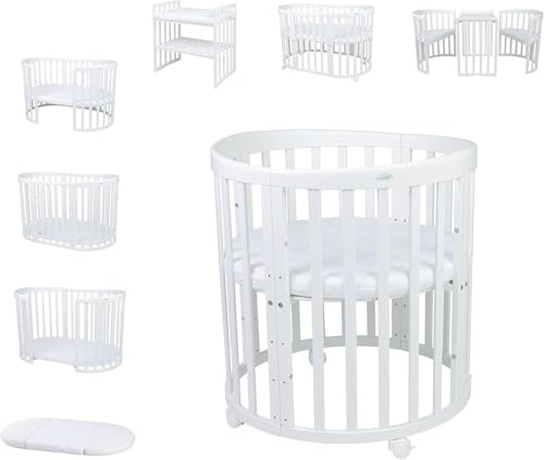 Waldin Babybett Oval 7in1 aus Holz mit Matratze, Rollen, Regal, Weiß | mitwachsend, Beistellbett, Laufstall, Kinderbett, höhenverstellbar, umbaubar, Massivholz Buche, Wiegefunktion optional