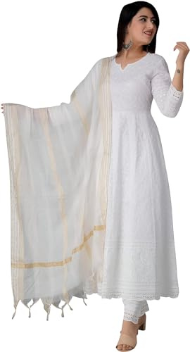 INDACORIFY Baumwolle Chikankari Indische Kurti für Frauen Sommerkleid Kurta Hose mit Dupatta Set Pakistani Long-Small Kurta (Multicolor, Medium)
