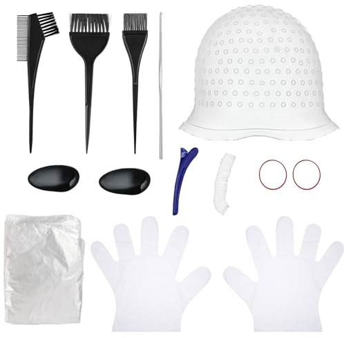 Silikon Strähnchenhaube Set, Strähnchenhaube mit Nadel und Löchern | Wiederverwendbar Strähnenhaube, Weich Elastisch Stränchen Haube, mit 7 Haarfärbewerkzeuge für Home Friseursalon Frisur Design