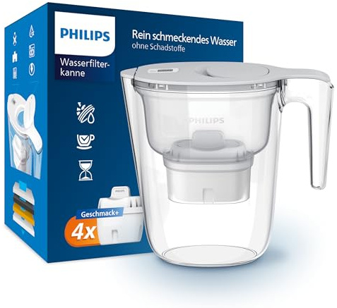 Philips Water Wasserfilterkanne +4 Geschmack+ Ersatzfilterkartuschen schneller Durchfluss elektronischer Timer filtert Chlor Kalk Schwermetalle und Mikroplastik 2,6 L