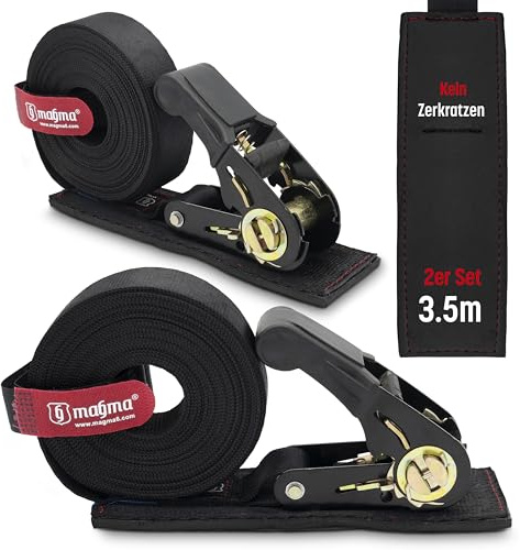 MAGMA | 2-Pack 3.5M Spanngurte Mit Ratsche und Kratzschutz | Zurrgurte mit Ratsche | Spanngurt Set | Ratschengurte | Binden Sie Kajak, Surfbrett, Kanu, Fahrrad, Motorrad | Last: 1600kgf/Unit. Schwarz