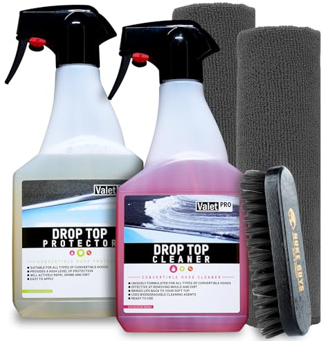detailmate Cabriodach Reiniger und Imprägnierung Bundle mit Bürste und 2x Mikrofasertuch: Valet PRO Drop Top Cleaner 500ml + Drop Top Protector 500ml Verdeck Pflege + Zubehör