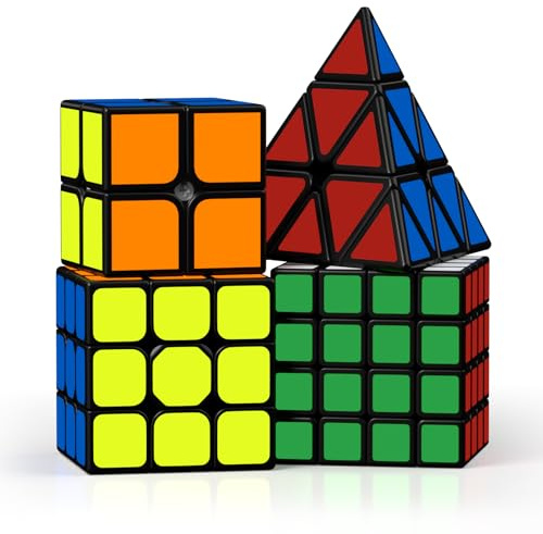 ROXENDA Zauberwürfel Set - 2X2 3X3 4X4 Pyramide Speed Würfel Set mit Würfel Tutorial für Kinder und Erwachsene, [4er Pack] (Schwarz)