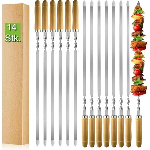 14 Stück Premium Edelstahl Grillspieße Set – Flache 2 mm Spieße, 55cm Lang und 10mm Breit, Rostfrei & Wiederverwendbar, Ideal für BBQ Fleisch, Gemüse & Kebab – Perfekt für Grill, Barbecue & Camping