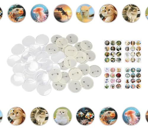 Domigard 48 Stück Buttons Selber Machen, 55mm Buttons anstecker, Transparente DIY Ansteckbuttons mit 48 Mustern, Button Pins Acrylic für DIY und Handwerk