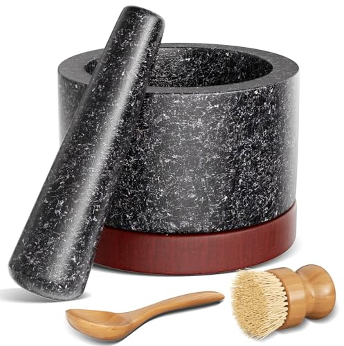 Mörser mit Stößel Set, Gewürz- und Kräutermühlen-Set, Pillenzerkleinerer, Machen Sie frische Guacamole zu Hause, Mahlschale aus massivem Stein (Schwarz G, groß)