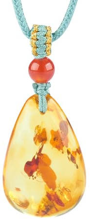 ELEGAMBER Handgefertigte natürliche Baltic Amber Teardrop Anhänger Halskette, Cognac Farbe, polierte Bernstein, Holz Geschenkbox Verpackung, Energy Stone Halskette