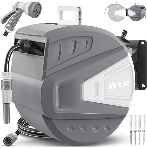 tillvex Schlauchtrommel Wasser mit Wandhalterung + Tragegriff | Schlauchaufroller mit Handbrause und Gartenschlauch | 180° Schwenkbar | Wand-Schlauchbox mit Aufroll-Automatik (Grau, 30m)