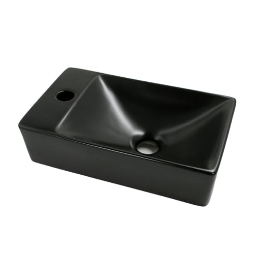 ALONI Waschbecken Gäste-WC Schwarz 38x22 cm | Hahnloch links, Mini Handwaschbecken klein, Hängewaschbecken für Wandmontage, Sanitärkeramik Waschtisch