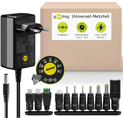 goobay 64571 Universal Netzteil 3 V - 12 V, max. 7,2 W / DC Wechseladapter / Ersatznetzteil für TV, Router, LED Streifen / Variable Spannung / USB-C, USB-A, Micro-USB / inkl. 11 Adapter