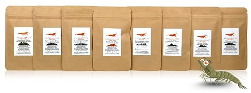 GARNELEN4YOU® FeedLine Samples – Probeset Premium Garnelenfutter – 8 pflanzliche Futtersorten für Garnelen, Krebse & Schnecken – nachhaltige Verpackung – Made in Germany – 75 g