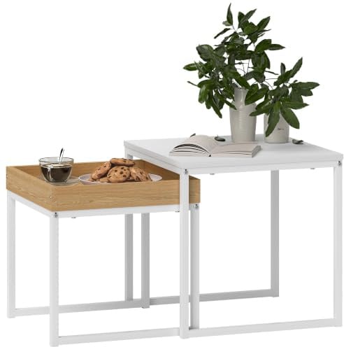 HOMCOM Couchtisch 2er Set mit Abnehmbarem Tablett Stahlgestell Weiß+Eiche | Satztisch, Quadratischer Beistelltisch, Wohnzimmertisch, Kaffeetisch, Sofatisch, für Wohnzimmer Schlafzimmer
