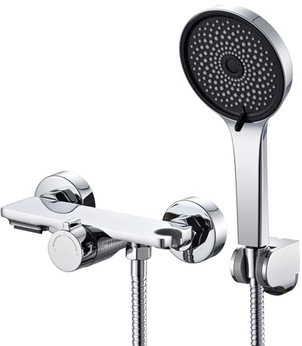 Auralum Badewannenarmatur mit Duschbrause, Duscharmatur Komplettset mit Ablage, Wasserfall Duscharmaturen, Edelstahl Schlauch und Wand Halterung, Messing Mischbatterie mit Handbrause für Bad, Chrom