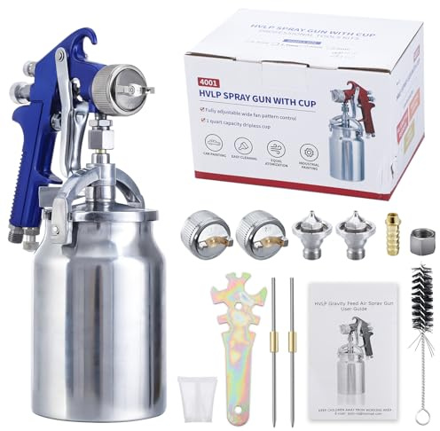Pindex HVLP Siphon Spritzpistole mit 1000 ml Becher, 3 Düsen 1.3 1.7 2.0 mm | Druckluft Luftspritzpistole mit 1000 ml Plastikbecher, mit Luftdruckregler, für DIY Möbel, Zaun, Wand, Garden, Fahrrad, Blau