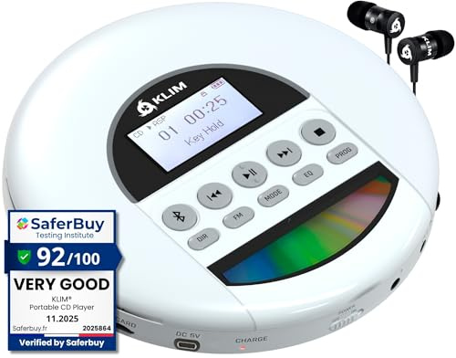 KLIM Nomad - tragbarer CD-Player mit ausdauerndem Akku, Kopfhörer, Radio FM, MP3- und TF-Karte, Bluetooth, ideal für Autos - Weiß