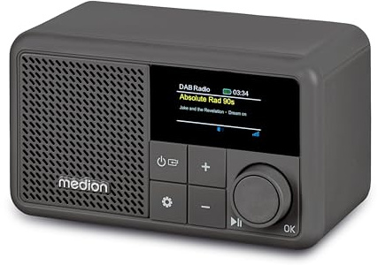 MEDION S66822 Tragbares Mini DAB+ Radio mit Bluetooth (Akku mit bis zu 6,5 Stunden, klein, dimmbares Farbdisplay, Teleskopantenne, Sleeptimer, Wecker, Snooze, AUX, USB-C) grau