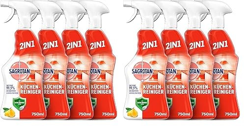 Sagrotan Küchen-Allzweck-Reiniger Spritzige Zitrone – 2in1 Desinfektionsreiniger für die zuverlässige Reinigung von Küchenoberflächen – 4 x 750 ml Sprühflasche (Packung mit 2)