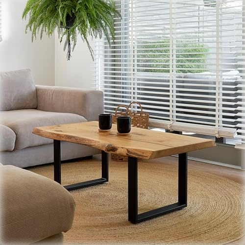 Iova-Moebel Couchtisch 110x55 cm B-Ware | Wohnzimmertisch Baumkante aus Wildeiche mit pulverbeschichteten Stahlbeinen | Epoxidharz Füllung | Couchtisch Massivholz