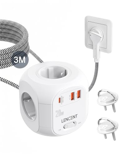 LENCENT PD20W Schnellladung 4 Fach Steckdosenleiste Flachstecker | Steckdosenwürfel 7 in 1 Mehrfachsteckdosen Cube Steckdose mit 2 USB-A & 1 USB-C, Steckerleiste mit 3 Meter Geflochtenem Kabel