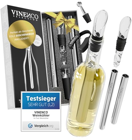 VINENCO Weinkühler Set DAS ORIGINAL, Flaschenkühler + Dekanter 7-in-1 Premium Wein Zubehör: Edelstahl Flaschen-Weinkühlstab + Dekantier-Belüfter + Ausgießer | Bar Geschenk Frauen Männer, Rot- Weißwein