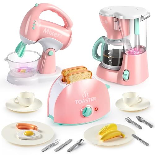 JOYIN Küchengeräte Spielzeug für Kinder,Spielküche Zubehör Set,realistischen Lichtern & Geräuschen,Rollenspiel Küchenspielzeug, Geschenk für Jungen und Mädchen im Alter von 3-8 Jahren (Rosa)