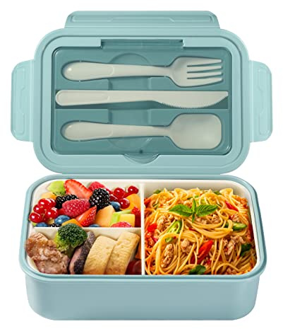 Diboniur Lunchbox 1400 ml mit Besteck und 3 Fächern, Blau | Auslaufsicher, mikrowellen- und spülmaschinengeeignet, mit 3 Fächern für Schule, Büro, Arbeit und Picknick