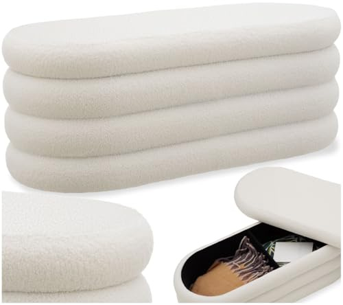 tectake® Sitzbank mit Stauraum, Sitzhocker, Hocker mit Stauraum, Stoff, Pouf, Polsterhocker, Sitztruhe, Truhe mit Deckel, Truhenbank mit Stauraum, Möbel für Wohnzimmer, 110x45x42cm - Bouclé créme-weiß