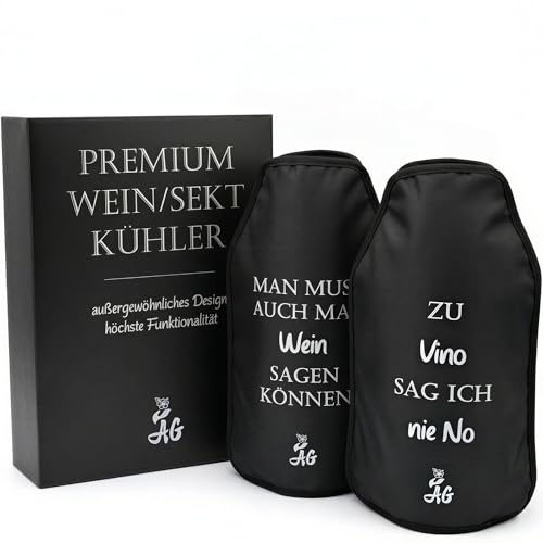AG Kühlmanschette, Set aus 2 Kühlern, Weinkühler, Flaschenkühler, Sektkühler, Edel und hochwertig mit witzigen Sprüchen, Wiederverwendbar