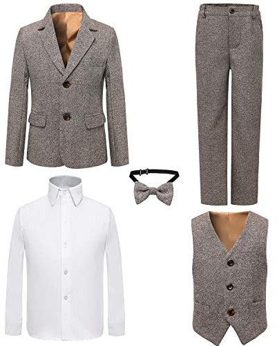 PLWEDDING Boy's 5 Stück Smokings Kleinkind Formale Anzüge Set Kinder Slim Fit Anzug für Hochzeiten