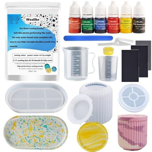 Wealike Gießpulver Bastelset DIY-Komplett Set mit Silikonformen, Farben | Kreativ Basteln für Kinder & Erwachsene, Geschenk Mädchen, Souvenir Bastelset,Schnelle Aushärtung nach 30 Minuten