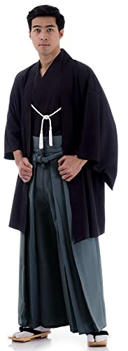 PRINCESS OF ASIA Traditionelles Japan Samurai Kimono Set 3 Teile Hakama Hosenrock + Kendo Gi Shirt + Haori Jacke Baumwolle M L XL (Einheitsgröße, Schwarz & Grau)