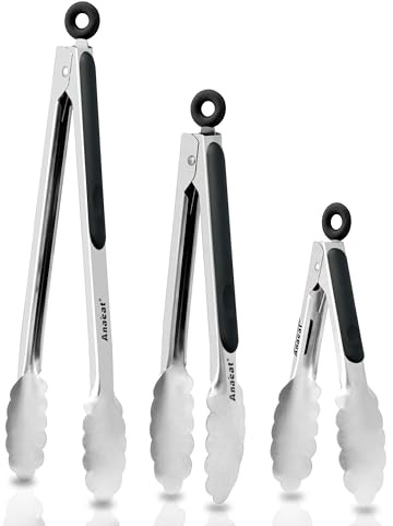 Anaeat Premium Küchenzange 3er Set - Robuste Lebensmittelzange aus Edelstahl mit langem Griff und rutschfestem Silikongriff zum Kochen, Backen, Grillen – hitzebeständig bis 460 °F