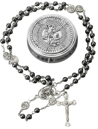 Nazareth Store St. Michael Rosenkranz Halskette mit Hämatit-Steinperlen, Metallperlen, Glory Beads, Erzengel-Medaille und Kreuz, mit Metall-Geschenkbox (Silber | Jesus-Kreuz)