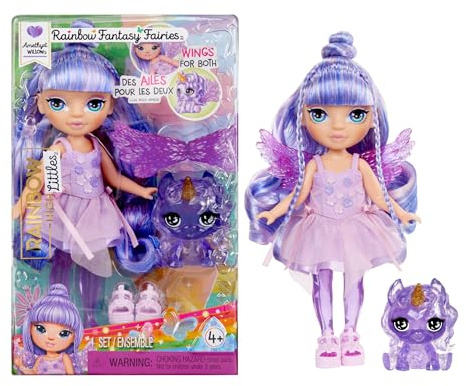 Rainbow High Littles Rainbow Fantasy Fairies & Pet - Amethyst, Lila - 14 cm Kleine, Bewegliche Puppe & Fantasie Pegasus Einhorn mit Austauschbaren Feenflügeln, Süßes Geschenk für Kinder ab 4